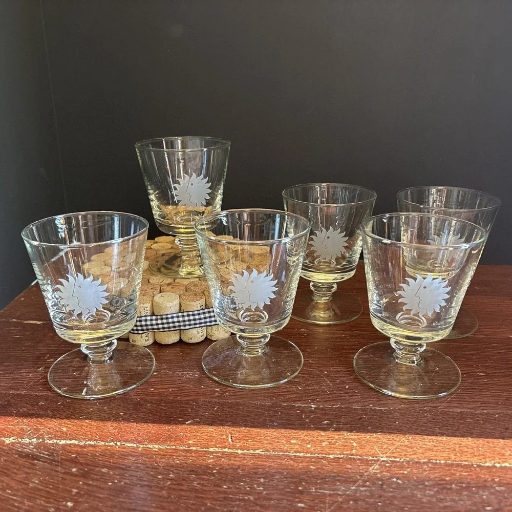 Vintage Set of 6 National Airlines Footed Cocktail Glasses Sun King Logo‎